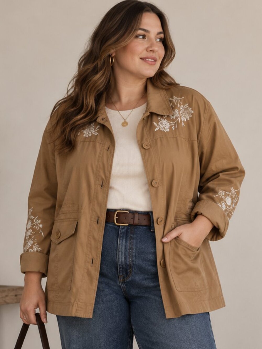 Tan Guillaume Brown Floral Embroidered Utility Jacket Spring Coat Layering